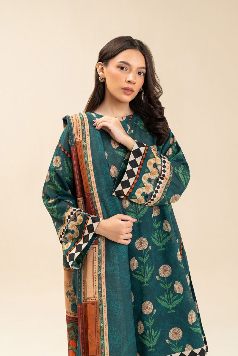 3 PIECE PRINTED LAWN SUIT-EMERALD SLATE (UNSTITCHED) - alternate view